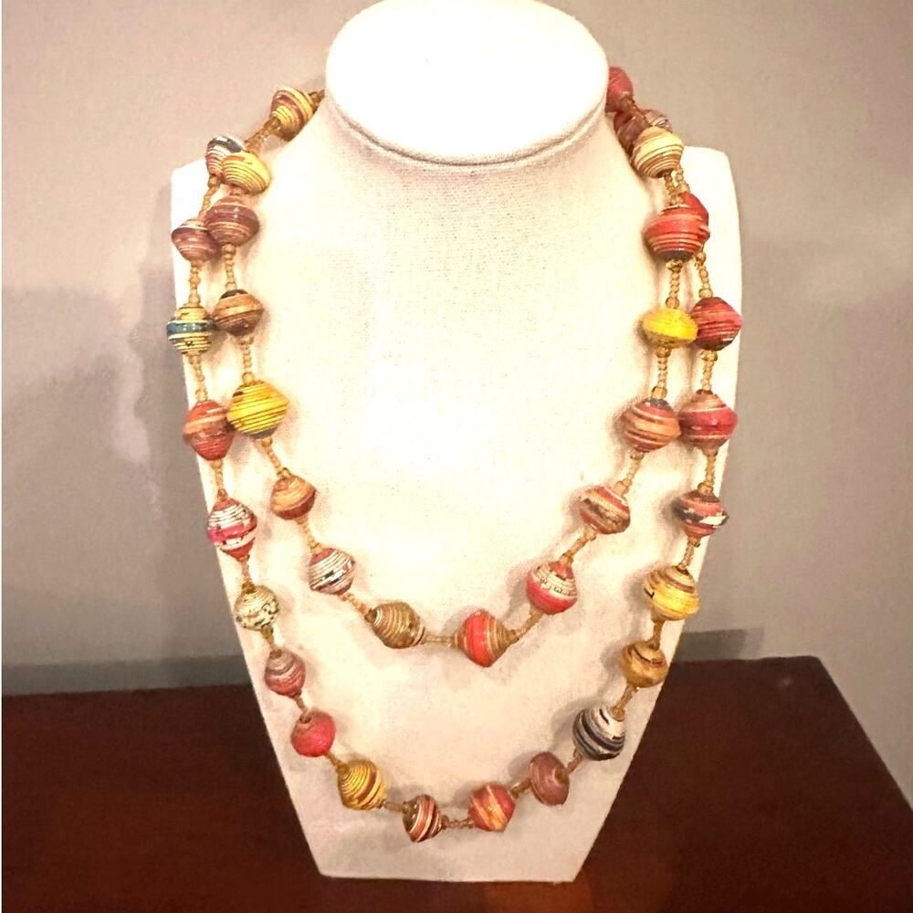 Lagenlook Paper Long Necklace 70s Style Jewelry Boho Red Yellow Multicolor